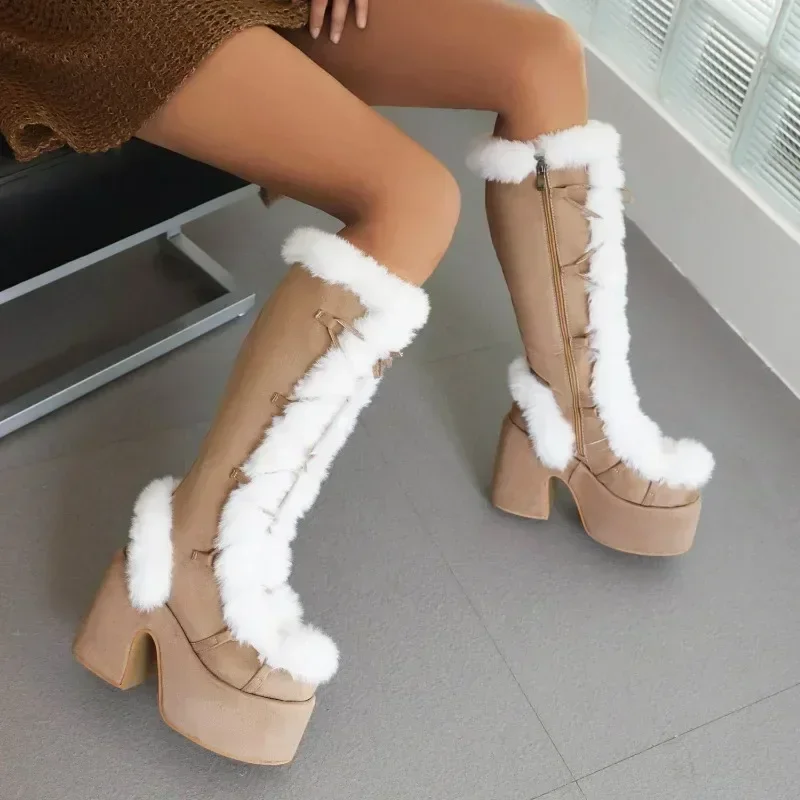 Platform Furry winter Boots for women mid-calf boots Plush warm ladies Gothic boots 2024 Halloween Cosplay female Heel shoes 46