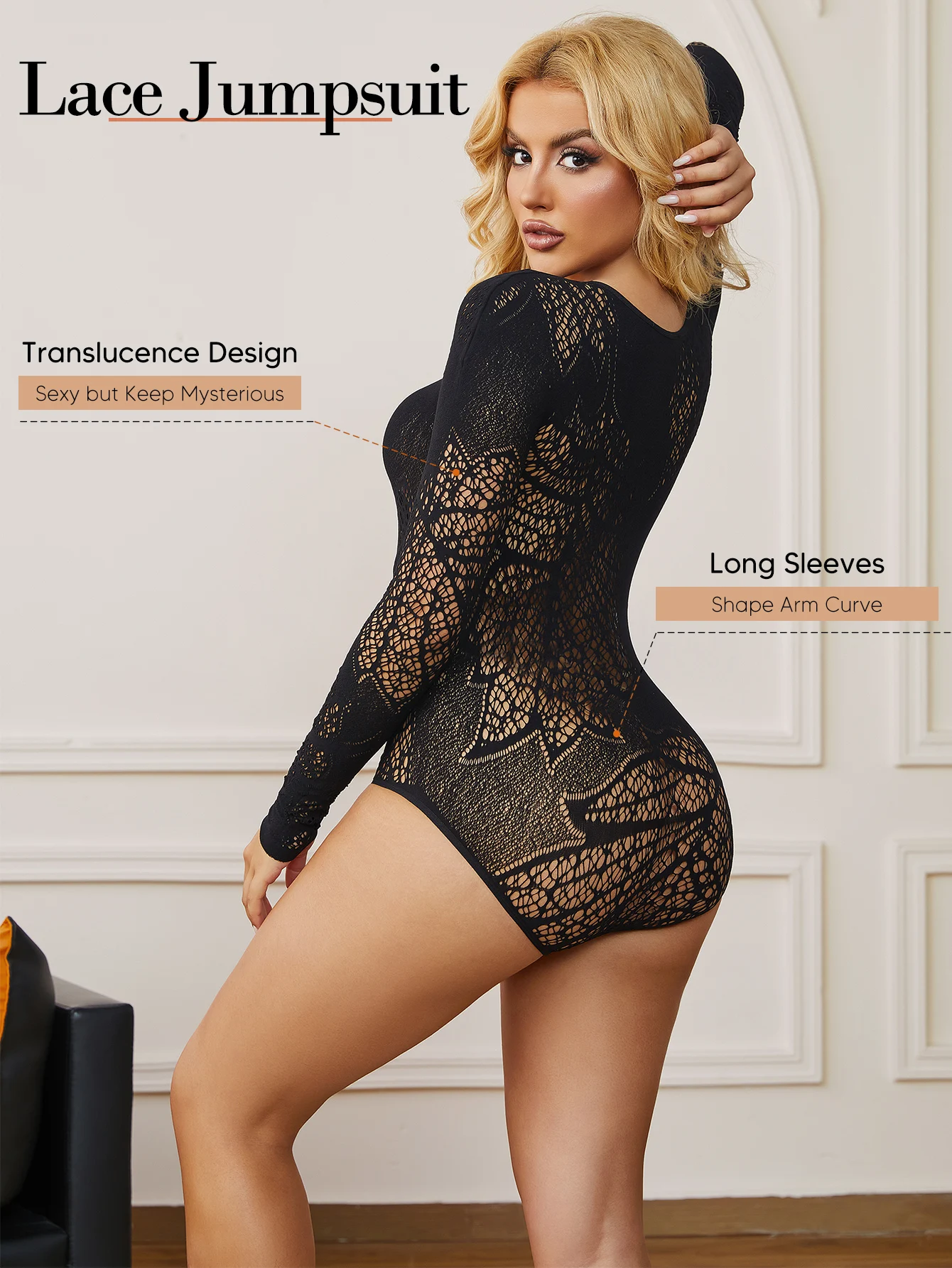 女性のセクシーなカットアウトレースラウンドネック長袖ボディスーツトップスシームレスメッシュボディスーツクラブナイトアウトパーティーデートトップ