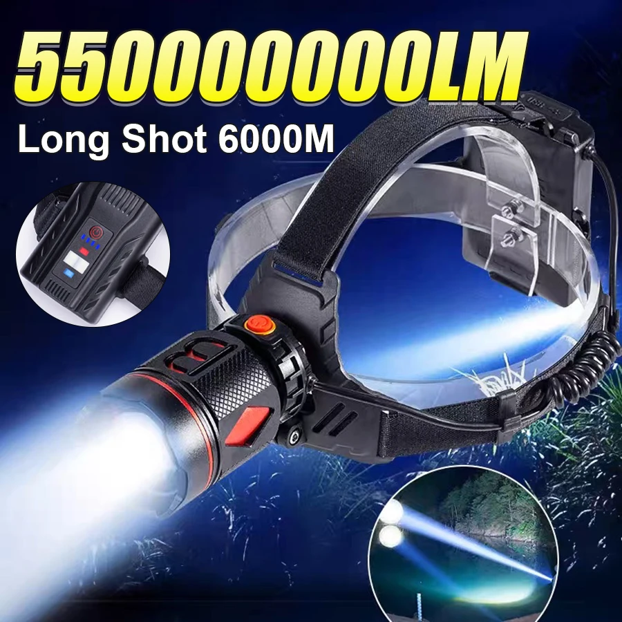 550000000LM High Power LED Headlamp Rechargeable Lamp With Warning Light Fishing Head Torch Most Powerful Headlight For Camping