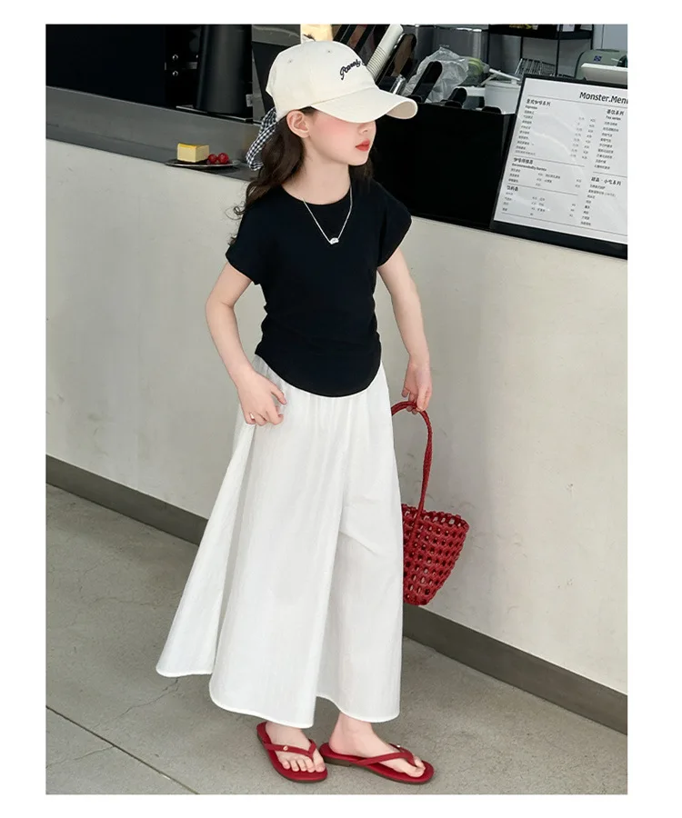 2026 thin summer girls Clothes Children set Teenager short sleeve T shirt narrow waist + culottes wide leg pants 4 8 10 12 year