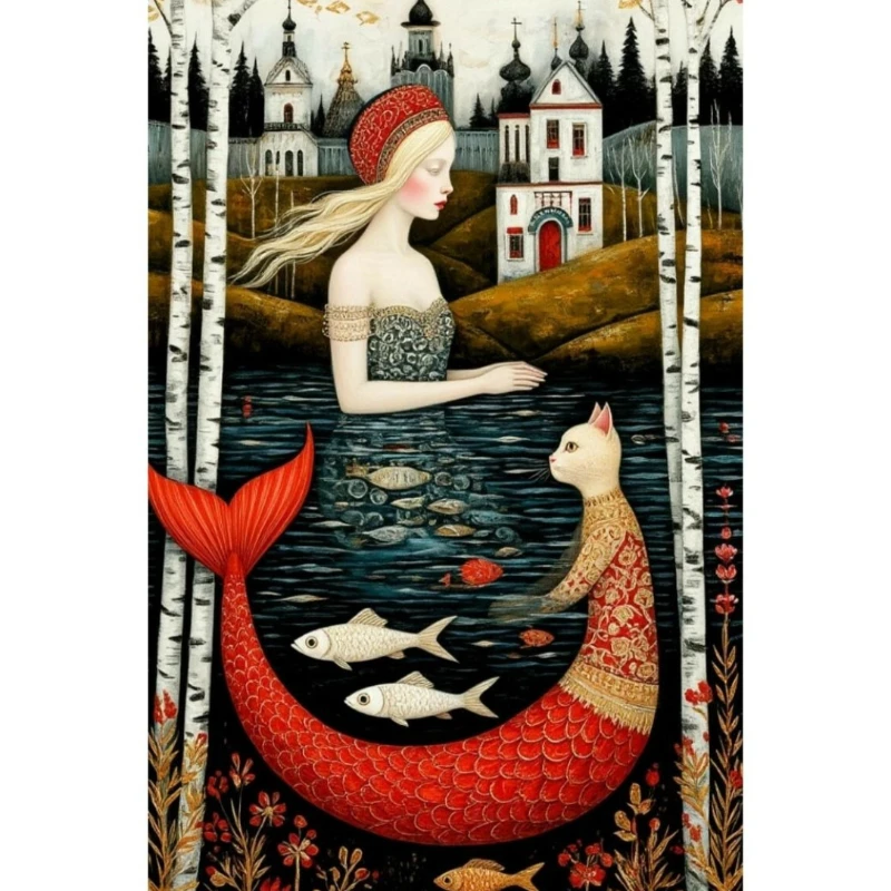 

Пазлы-головоломки (500/1000/1200/2000 элементов) с абстрактными фигурами: Женщина и Кот с рыбьим хвостом. Семейные игры для игровой комнаты, спальни, в подарок.