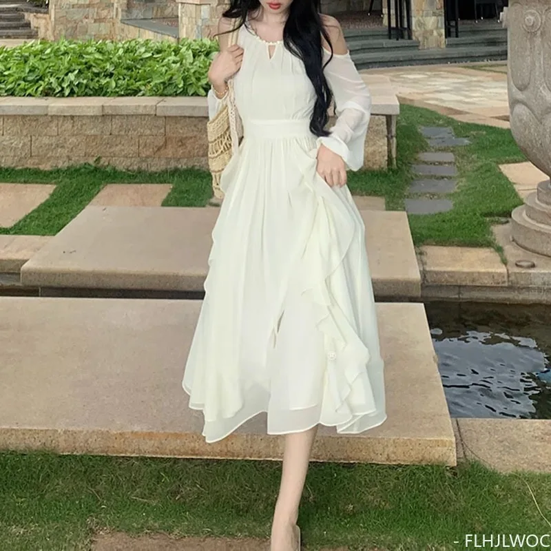 2024 Ruffles Dresses Women Cute Japanese Korean Design Holiday Date Romantic Temperament Lady White 2024 Ruffles Dresses Women Cute Japanese Korean Design Holiday Date Romantic Temperament Lady White