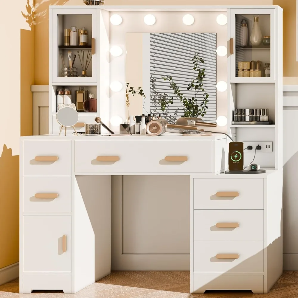 Makeup Vanity Desk with Mirror and Lights & Charging Station, White Vanity Desk with 3 LED Light Modes, Make up Vanity Table wi