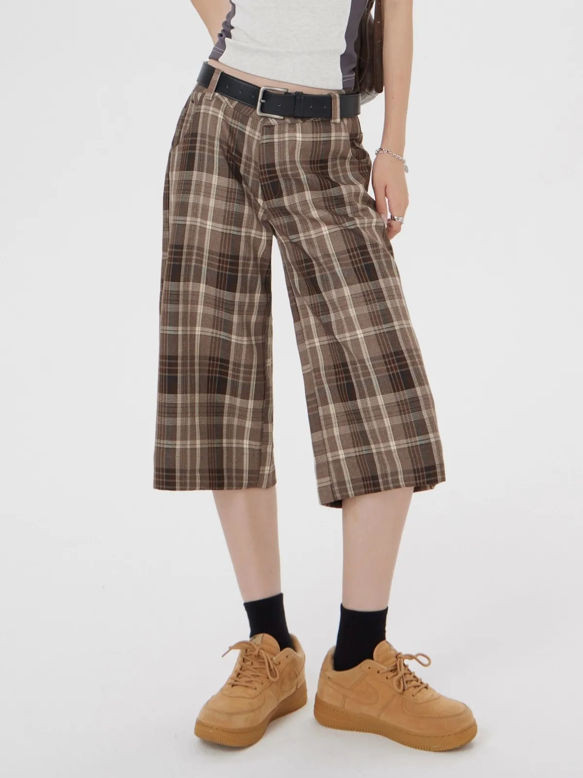 

ZHISILAO New Vintage Plaid Knee Length Pants Women Casual Lattice Low Waist Wide Leg Trousers Summer 2024