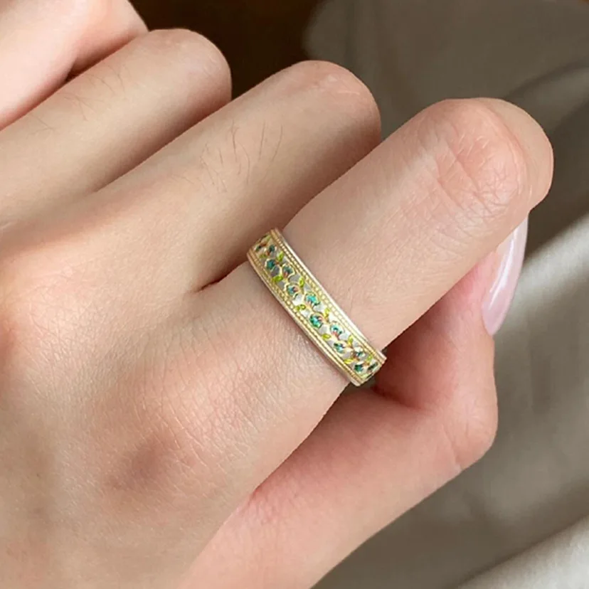 Silver New Vintage Enamel Gold Plated Apricot Leaf Vine Heart Sutra Ring with Adjustable Opening, Exquisite Women's Jewelry