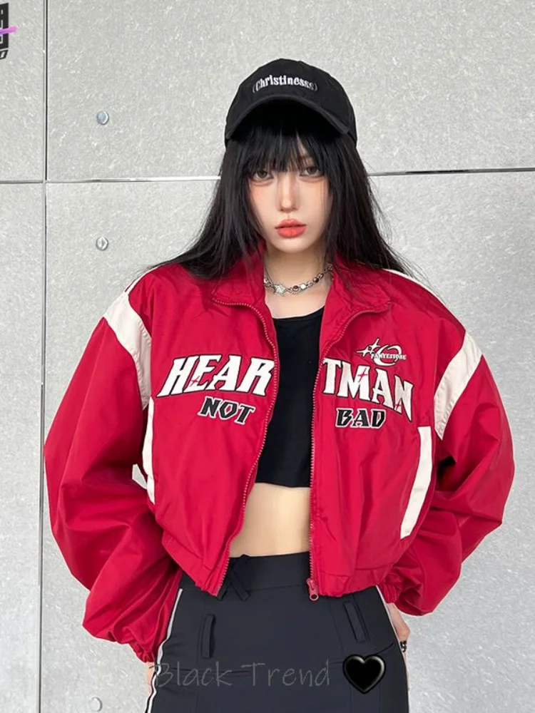 HOUZHOU American Retro Spice Girls Tide Brand Short Trench Coat Women Y2K High Waist Motorcycle Wind Red High Street Baseball