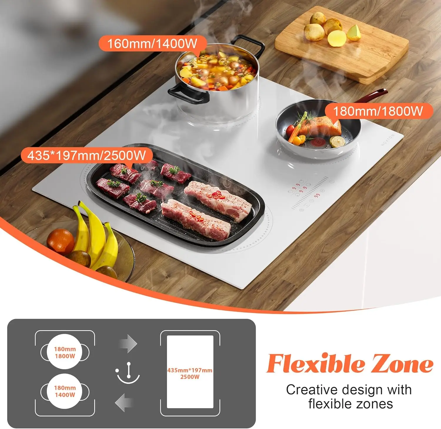 قابس موقد الحث الأبيض/الأسود من NOXTON، (المملكة المتحدة: 2200 وات/الاتحاد الأوروبي: 3500 وات) 4 مناطق مع منطقة شواء واحدة، لمسة 60 سم، قفل أمان، زجاج سيراميك #6