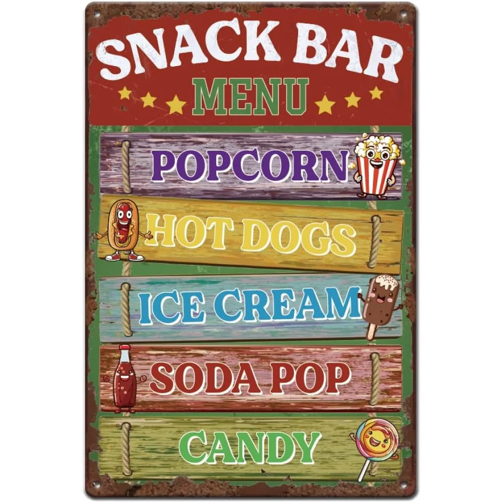 SUPERDANT Retro Snack Bar Tin Signs - Metal Wall Decor for Restaurants, Coffee Bars & Home - Popcorn, Hot Dogs, Ice Cream, Soda