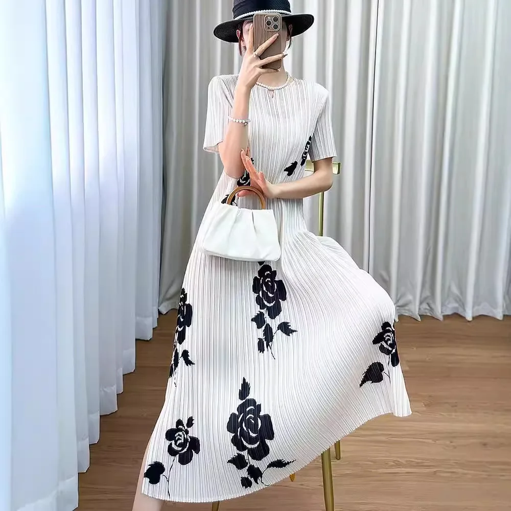 202 vestido de verão feminino estampado gola redonda manga curta redução de idade saia plissada suleste asiático vietnã pele de camarão