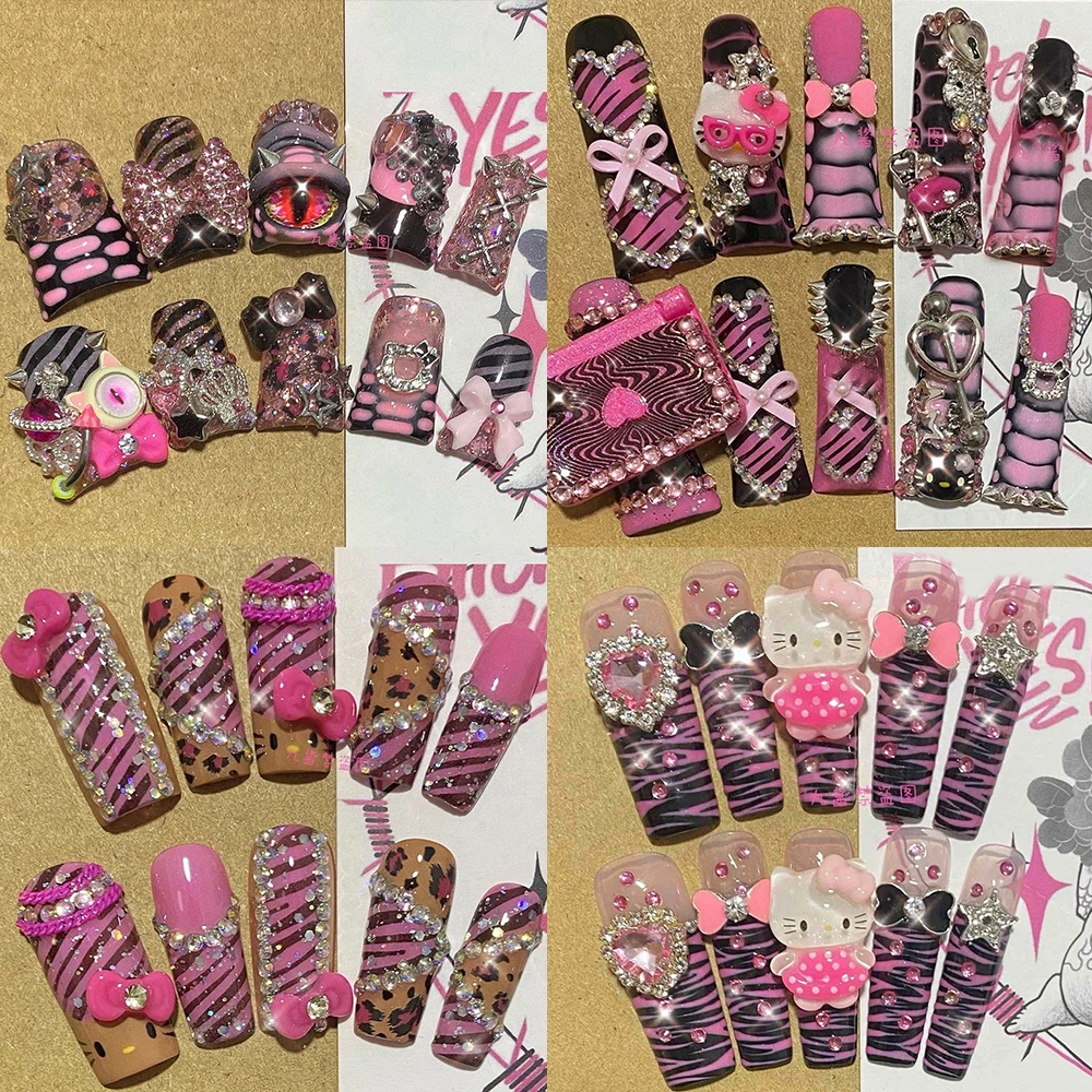 

Sanrio Y2K Spice Girl Duck Feet Press On Fake Nails Hello Kitty Zebra-Stripe Design Pink Metal Rivet Luxury Handmade Fake Nails