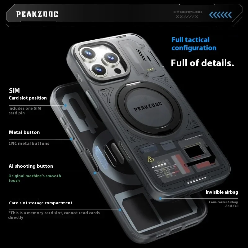 Peakzooc Cyber Memory Card Phone Case Magnetic Bracket SIM Card/SD/TF/Memory Card Storage Manager untuk IPhone 15/16 Pro Max Hadiah