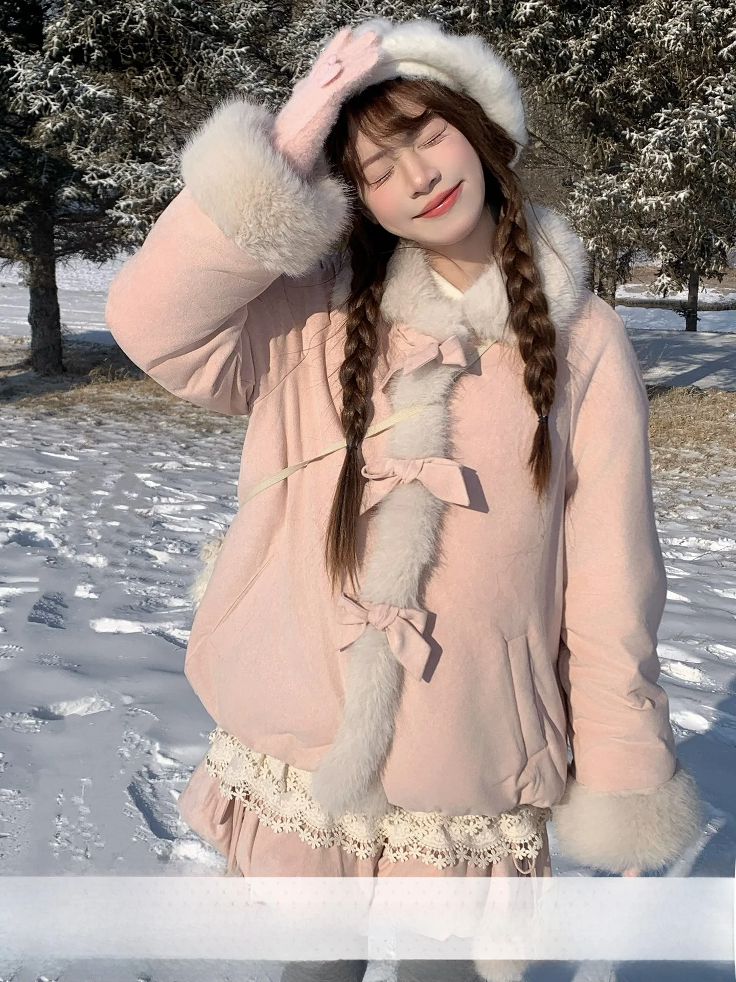 

Sinsingirl Cherry Blossom Gift Pink Flower Bud down Jacket Half-length Lace Base Shirt Set Sweet Style Loose Fit Daily Wear