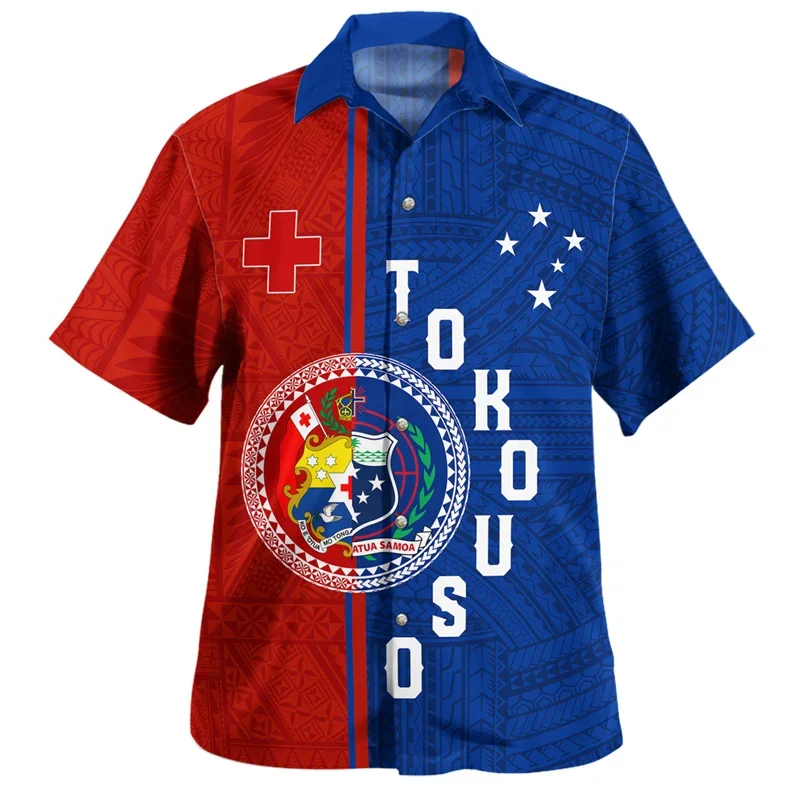 Harajuku Summer New 3D Flag Printed Shirt, Tokelau Emblem Pattern Short Sleeve Shirt, Men's Cool Shirt