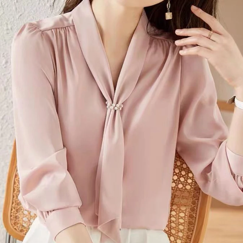 Autumn Elegant Fashion Commuter Chic Shirt Women Long Sleeve V Neck Drawstring Solid Color Bandage Loose Casual All Match Top