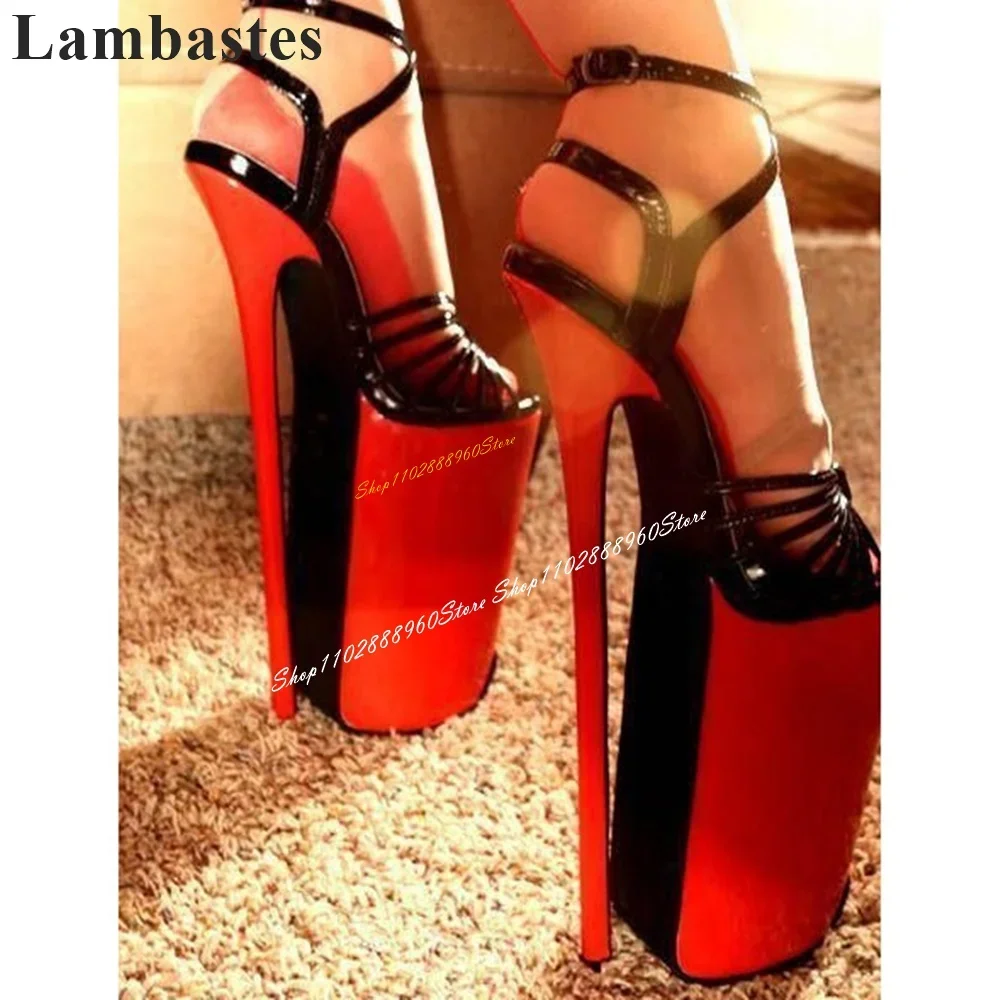 

Black Leather Narrow Strips Platform Sandals 30cm Stilettos High Heel Women Shoes Ankle Buckle Strap Open Toe Stylish Sandals