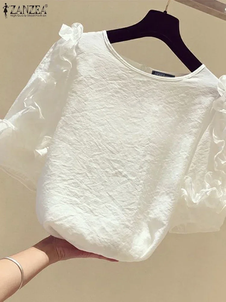 ZANZEA ผู้หญิง Ruffled เสื้อ 2025 ฤดูร้อน 3/4 แขนยาวเสื้อเกาหลีแฟชั่นรอบคอ Tunics Casual หลวม Blusas Femme
