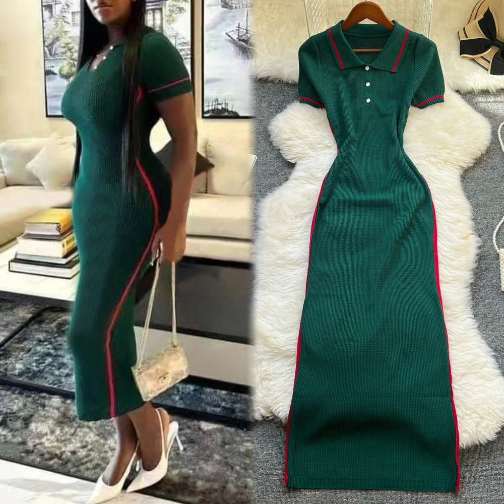 YuooMuoo Chic moda Sexy paquete caderas Vestido largo tejido mujeres elegante Turn-down Colar suéter camisa Vestido Oficina señora Vestido