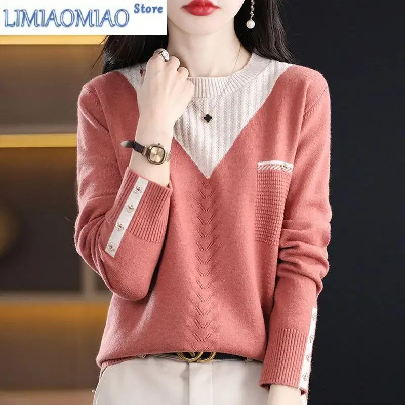 

Autumn Winter Women's Clothing Pullover Solid Color Sweater Knitted Long Sleeve Casual Office Lady Fake Two Pieces Korean Tops
