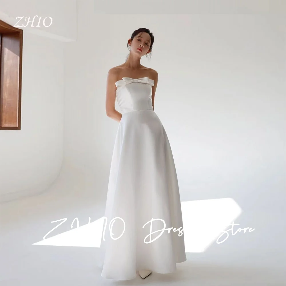 

ZHIO Simple Bow Wedding Party Dress White Strapless Silk Taffeta Corset Korea Photo Shoot Bridal Reception Gown Customized