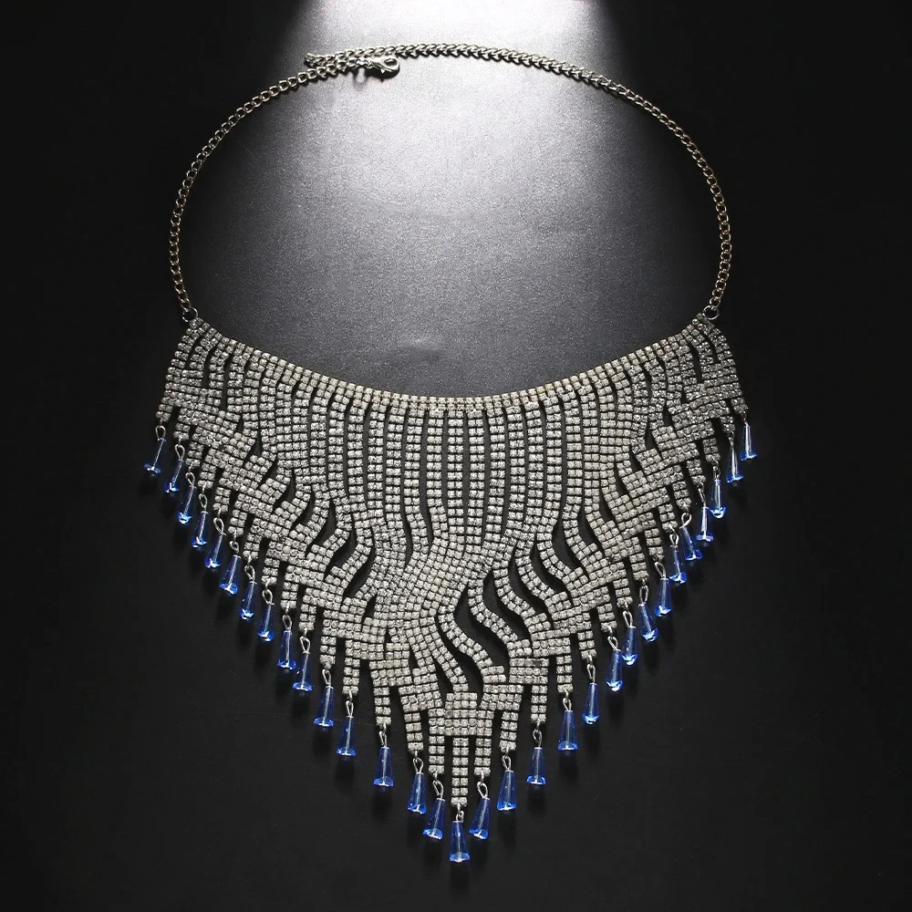 Stonefans Blue Pendant Flapper Hat Headwear Tassel Forehead for Women Boho Cap Multirow Shiny Rhinestone Hair Chain Wig Jewelry
