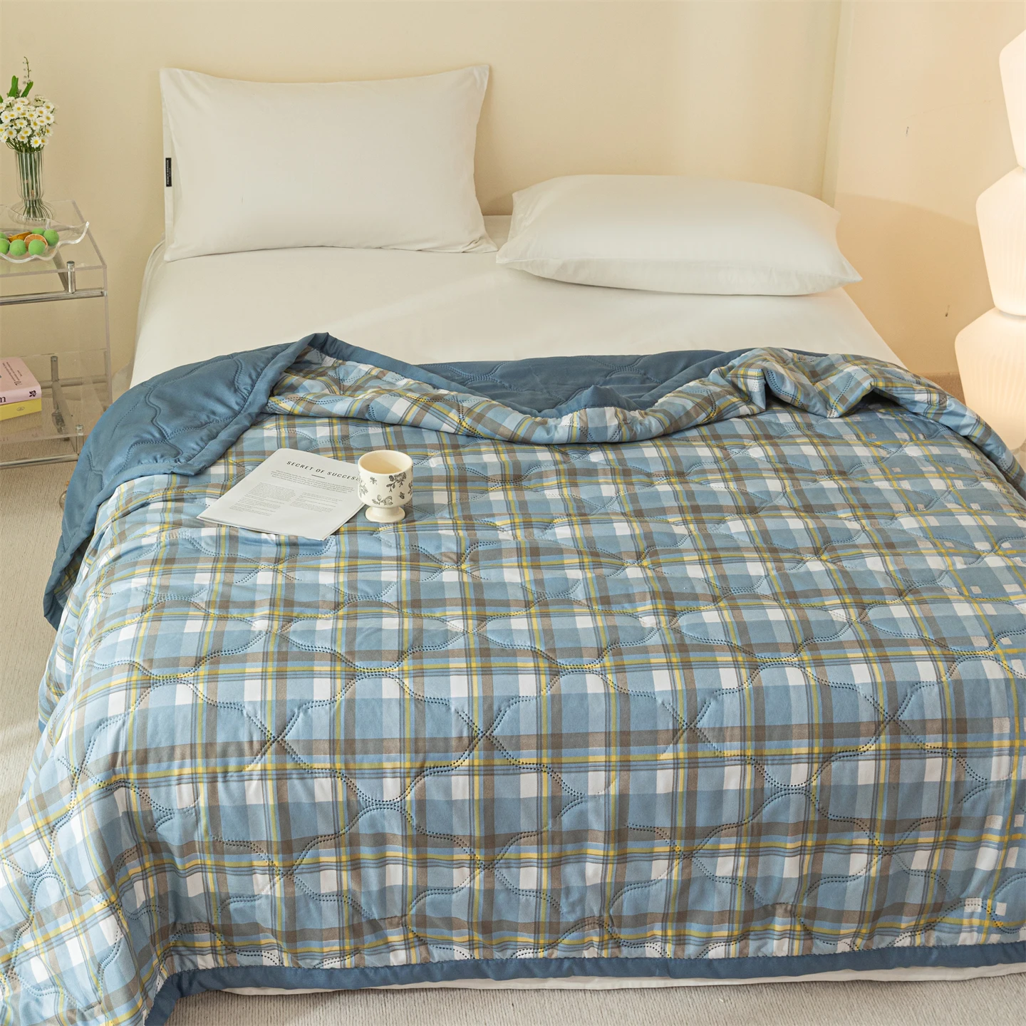 New Fashion Washed Fabric Plaid Print Summer Quilt Cooling Lightweight Quilted Comforter Machine Washable All Sizes