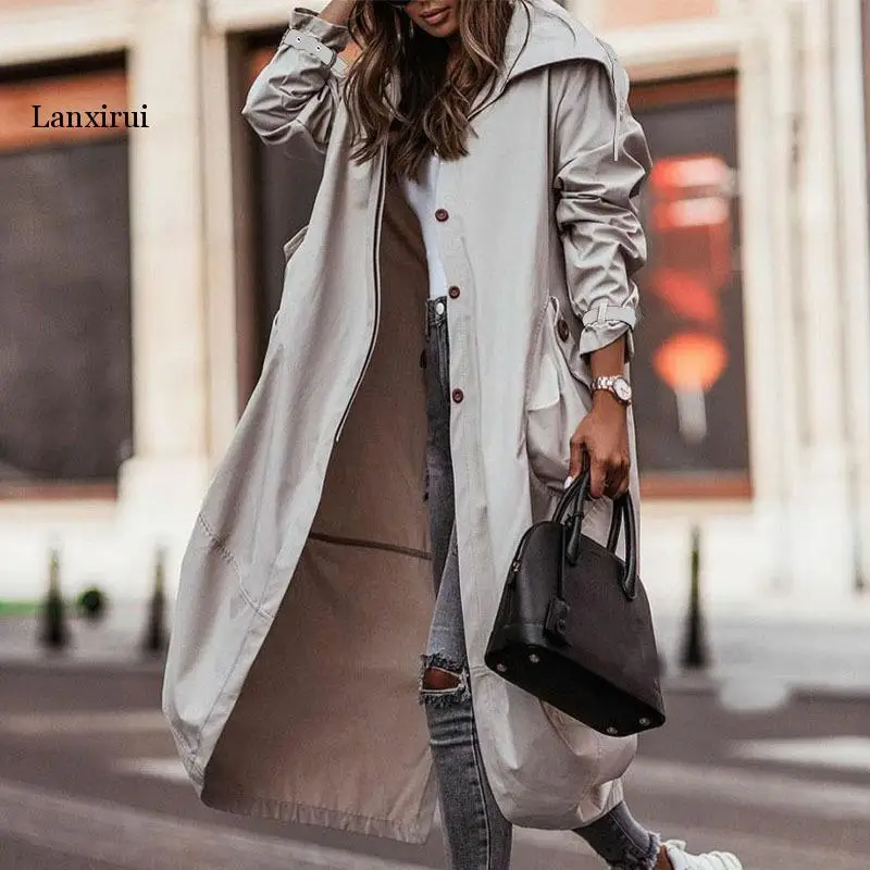 

Women's Trench Coat Going Out Fall Spring Summer Long Coat Loose Windproof Casual Jacket Long Sleeve Oversize Black Light Gray