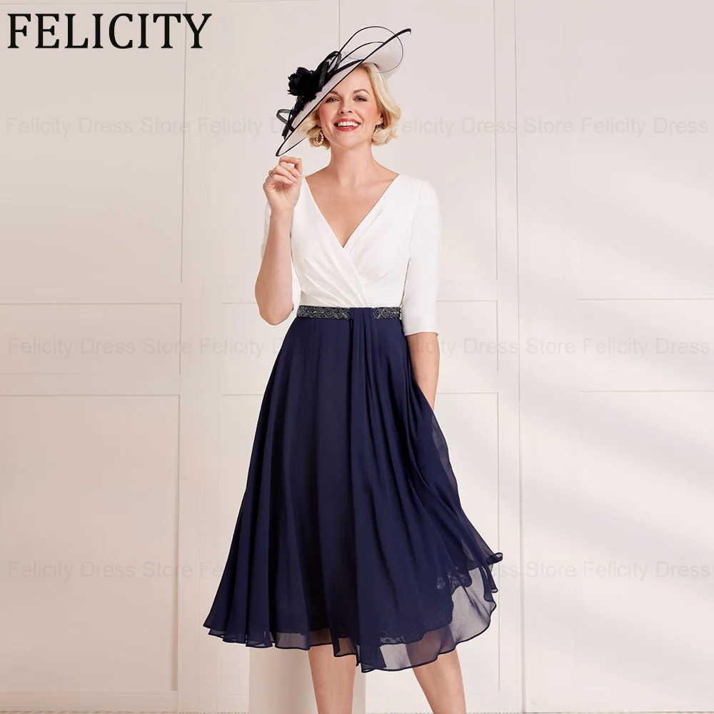 

FELICITY Elegant Mother of the Bride Dresses 2024 A-Line V-Neck Wedding Guest Dresses Knee-Length Beading Pleated Evening Gowns