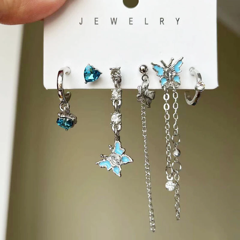 Juego de pendientes de perlas de mariposa de diseño asimétrico, joyería exquisita con personalidad, colgante de moda, 6 piezas por juego