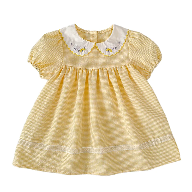 2026 Sommer 2-6 Jahre Kinder Karo-Süßes Partykleid 0-24 Monate Baby Mädchen Stickerei Kragen Kurzarm Body Gelbes Schwesterkleid – Detail 28
