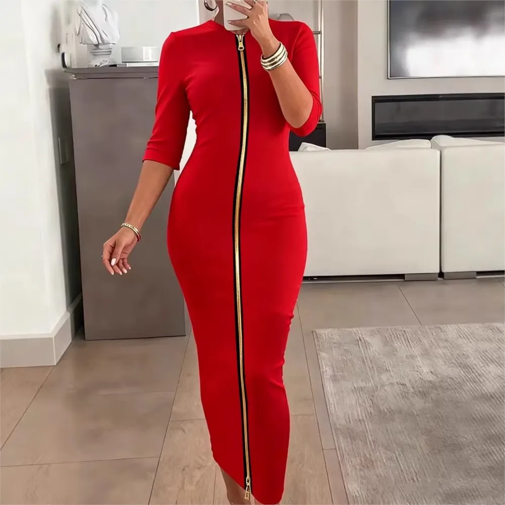 

Women's Sexy Waist Bag Hips Skirt Spring Autumn Solid Color Fashionable Zipper Mid-sleeve Female Slim Fit One-step Dresses 2026