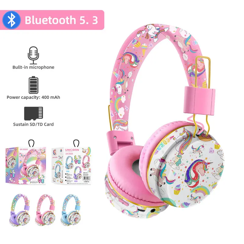 Headset with Microphone Unicorn Girls Music Helmets Bluetooth Earpiece Boys TF Card Phone Children\'s Cartoon Headphones for Kid