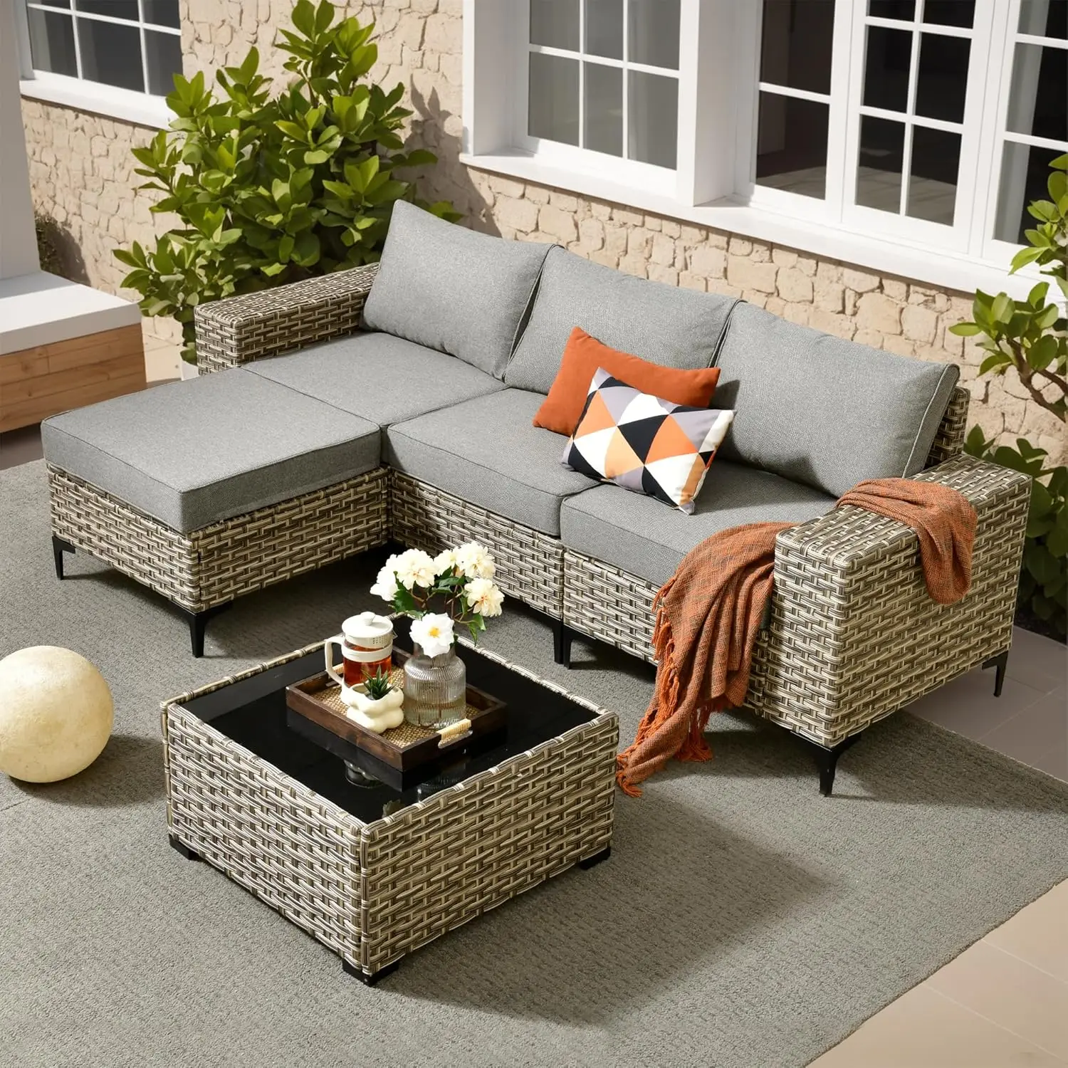 

Patio Furniture Set, 5 Pieces Outdoor Wicker Conversation Sets With Coffee Table Outdoor Sectional Sofa For Balcony, Customized