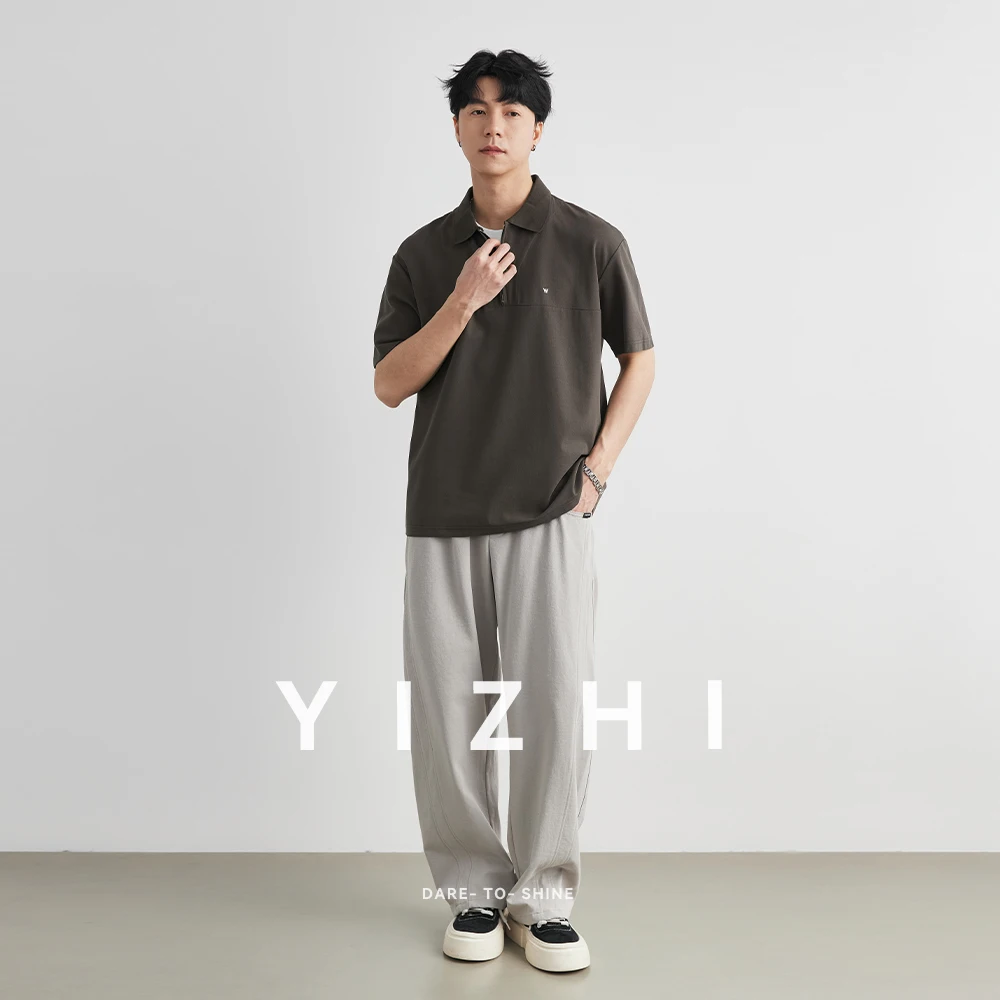 Men's Letter Embroidered Half Zip Lapel Polo Shirt 2026 Summer New Loose Drop Shoulder Vintage Casual Short Sleeve T-shirt