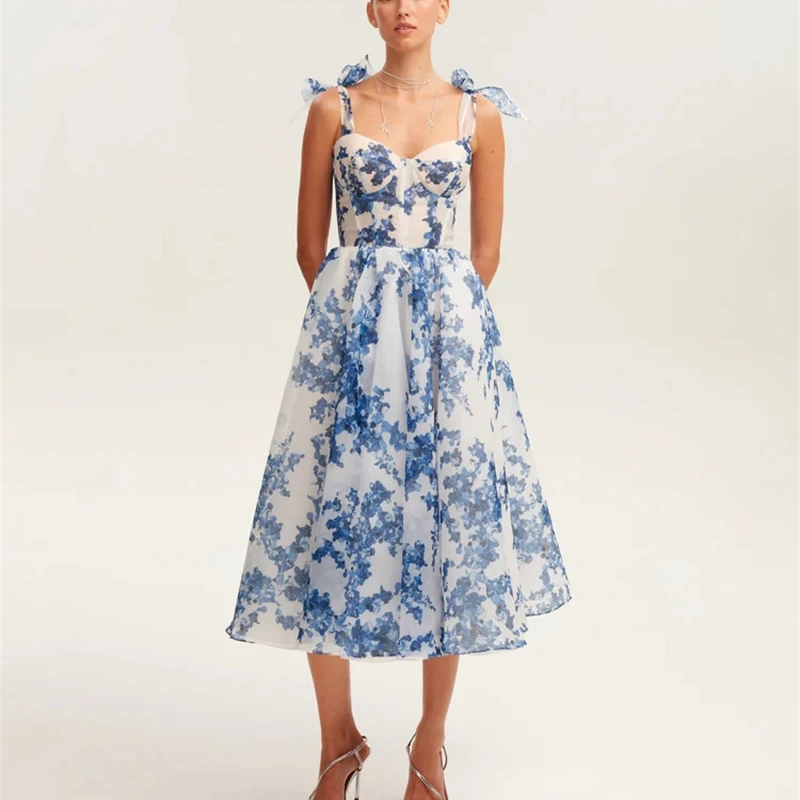 Sukienka damska letnia 2025, oddychająca, z nadrukiem, na ramiączkach, bez pleców, na imprezę, w kształcie litery A, modna, plażowa, w stylu boho, suknie, odzież modowa.