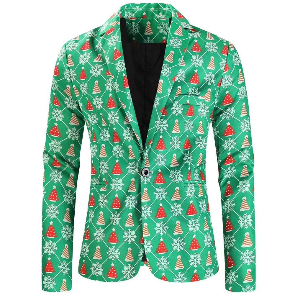 Christmas Tree Printed Green Blazers Jacket for Men Classic Single Button Slim Fit Blazer Hombre Xmas Party Stage Suit Outwear