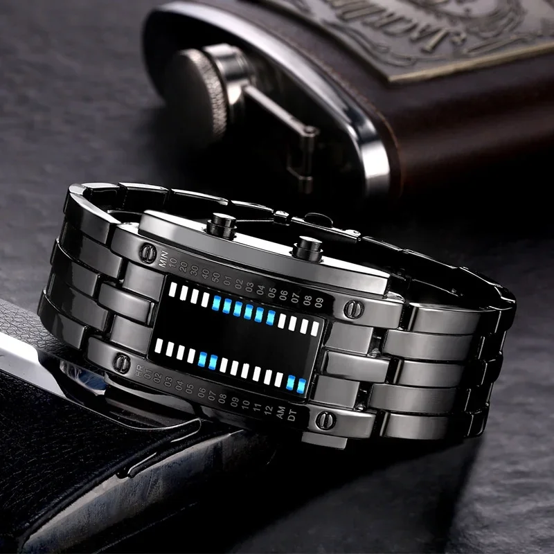 Business Men Stainless Steel Blue Binary Luminous LED Electronic Watch Displays Waterproof Fashion Women Led Watch Reloj Hombre