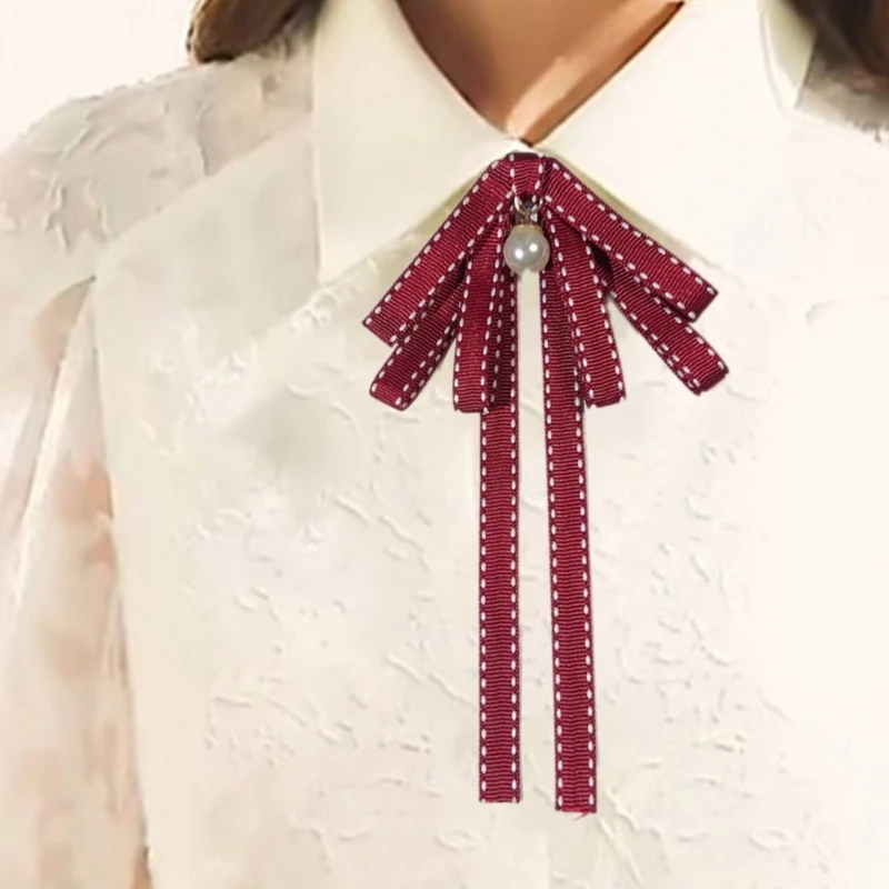 Damski zawiązany krawat z kokardką ze sztucznych pereł kokardki broszka ze wstążką szpilka damska elegancka regulowana koszula z kołnierzem dla