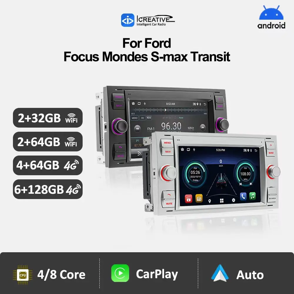 2Din Android 12 Car Radio GPS Navigation for Ford Mondeo S-max Focus C-MAX Galaxy Fiesta Transit Fusion Connect Kuga Multimedia