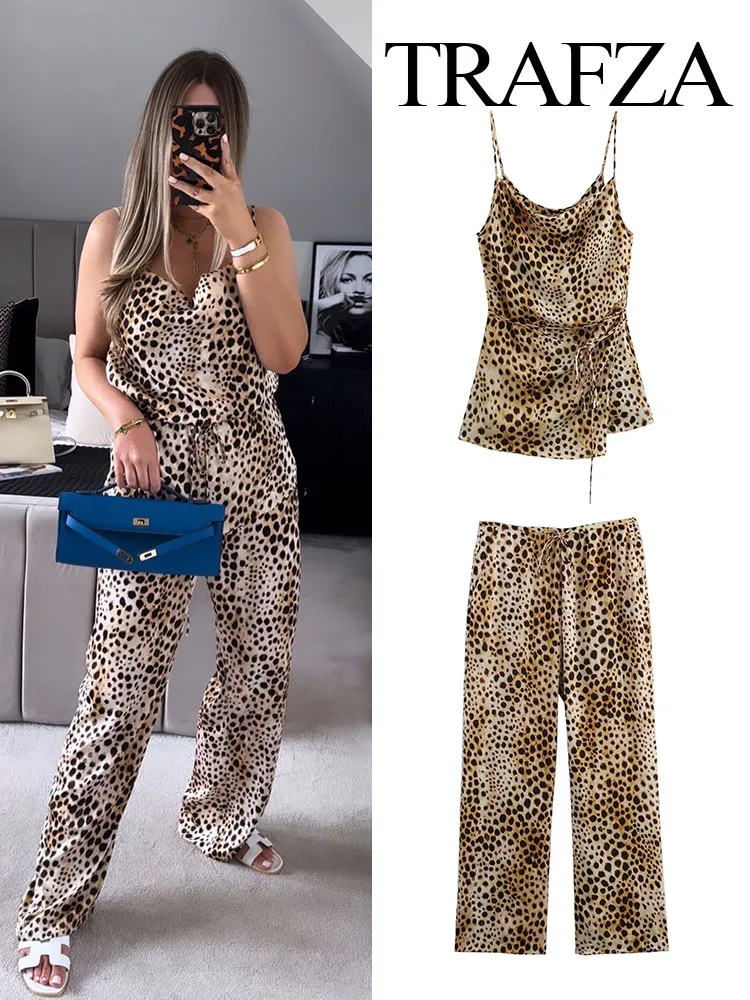 

TRAFZA Women Chic Leopard Print Pant Suit New Fashion Crop Asymmetrical Belt Decorate Tops+Casual Drawstring Slim Wide Leg Pants