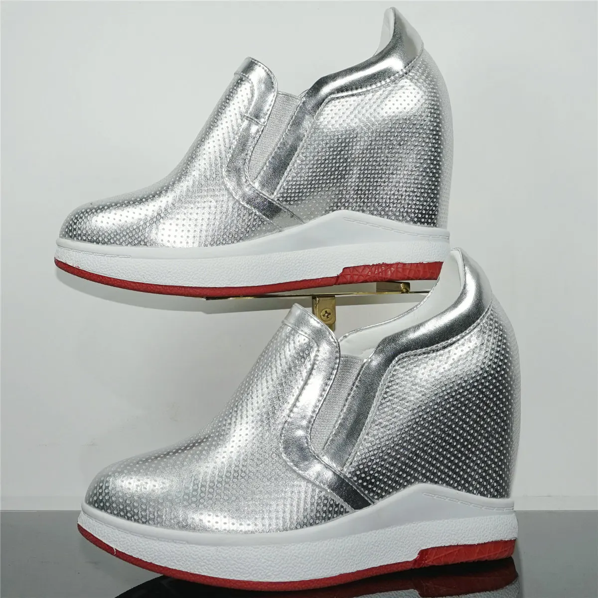 

Silver Platform Oxfords Shoes Women Genuine Leather Wedges High Heel Pumps Shoes Female Round Toe Fashion Sneakers Casual Shoes