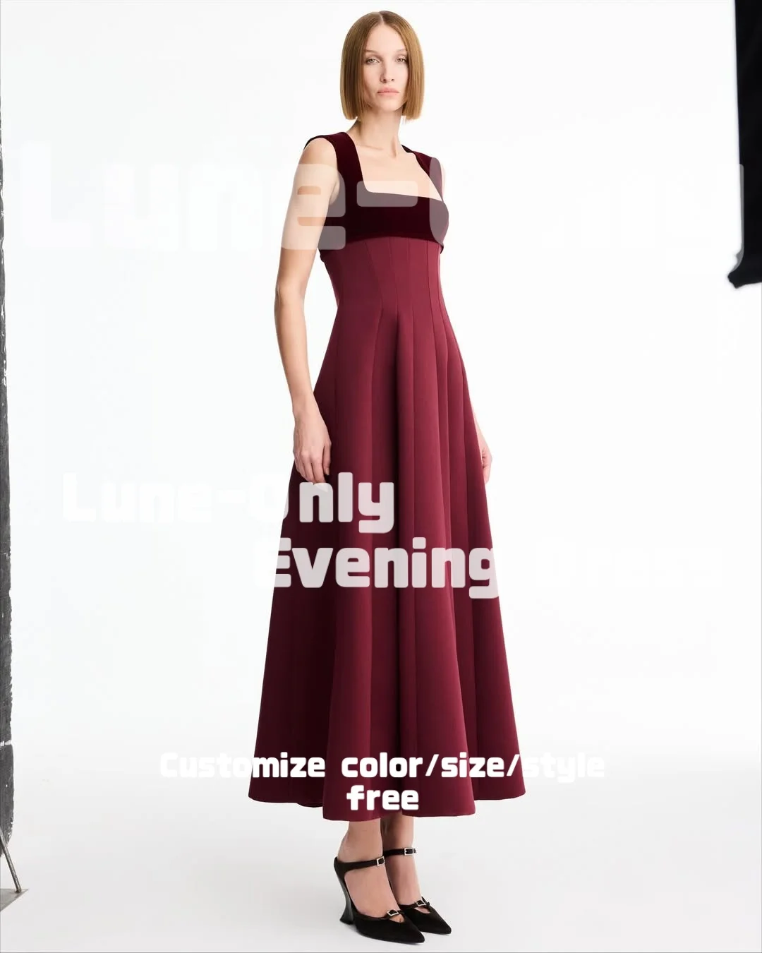 Abiti da sera personalizzati senza maniche con scollo quadrato drappeggiato A-Line Midi elegante abito da festa abito formale da ballo