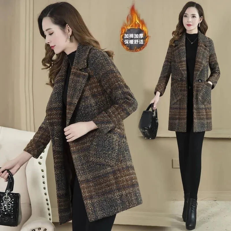 

Autumn winter Fashion Female Plaid Wool blend Jacket Korean Slim Mother Thicken Woolen Coat Mid-length Women's Casual Outwear