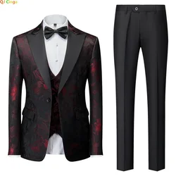 New Men's Suit Three Pieces Red Jacquard Fabric Dress Dress Jacket with Pants Vest Wedding Party Blazer Coat Trousers Men Sets