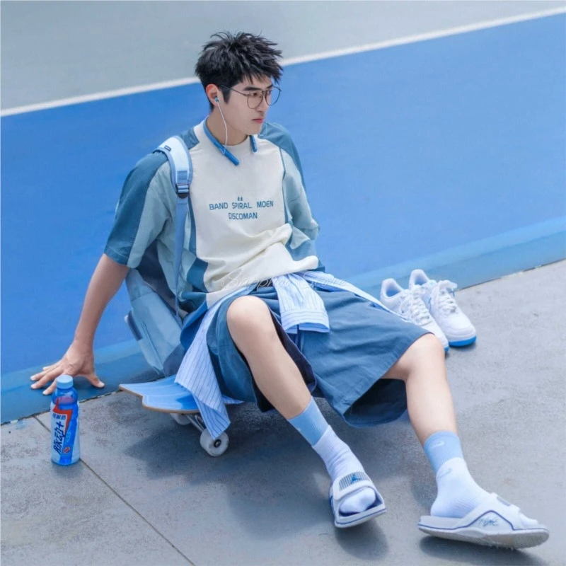 سريعة الجافة فضفاضة تناسب الصيف اللون حجب قصيرة الأكمام الأزرق تي شيرت غير رسمي الرجال رقيقة INS العصرية الأعلى الشارع نمط طاقم الرقبة المحملة