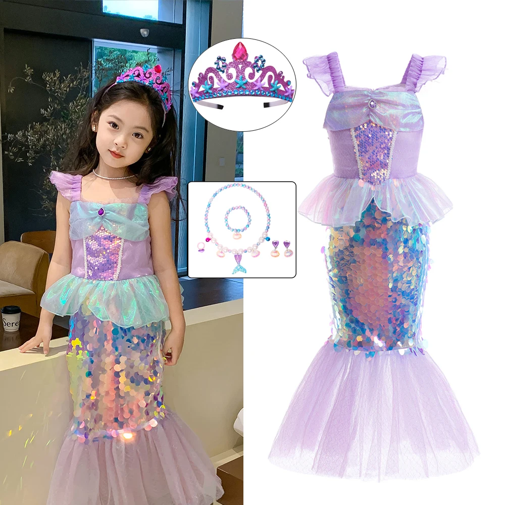 Robe de la Petite Sirène Princesse Ariel, Costume Cosplay à Paillettes Scintillantes pour Enfants, ixde Carnaval, Tenues d'Halloween, Collier Couronne pour Bol