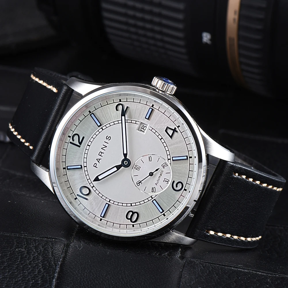 

2024 New Parnis 41.5MM Silver Case Automatic Mechanical Men's Watches Leather Strap Calendar Blue Hands Men Watch reloj hombre