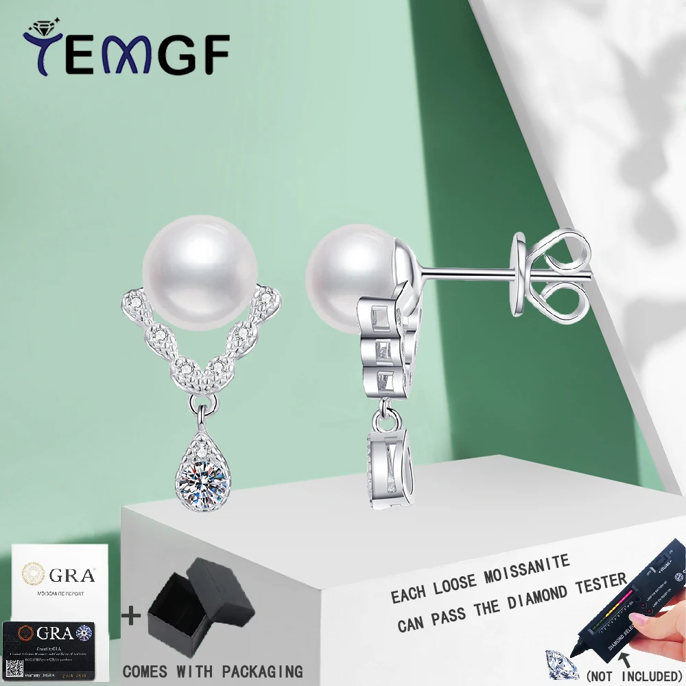 

TEMGF 1 Pair Pearls Ear Studs Full Moissanite Drop Earrings 100% S925 Sterling Silver Fine Jewelry for Women Girl Fashion Item