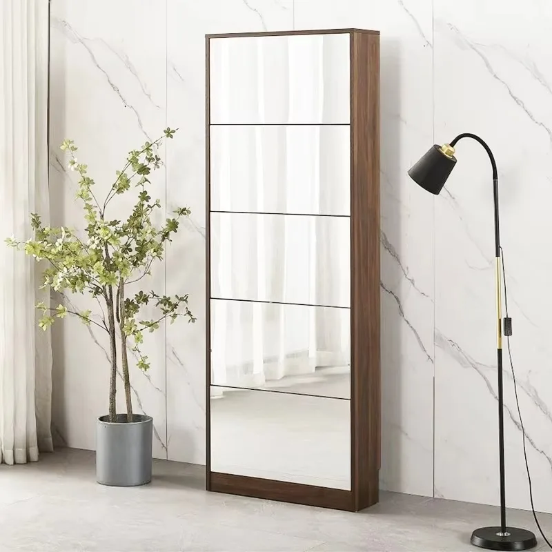 Shoe Cabinet Flip-down Mirrored Shoes Storage Rack Wood Cabinet with Mirror