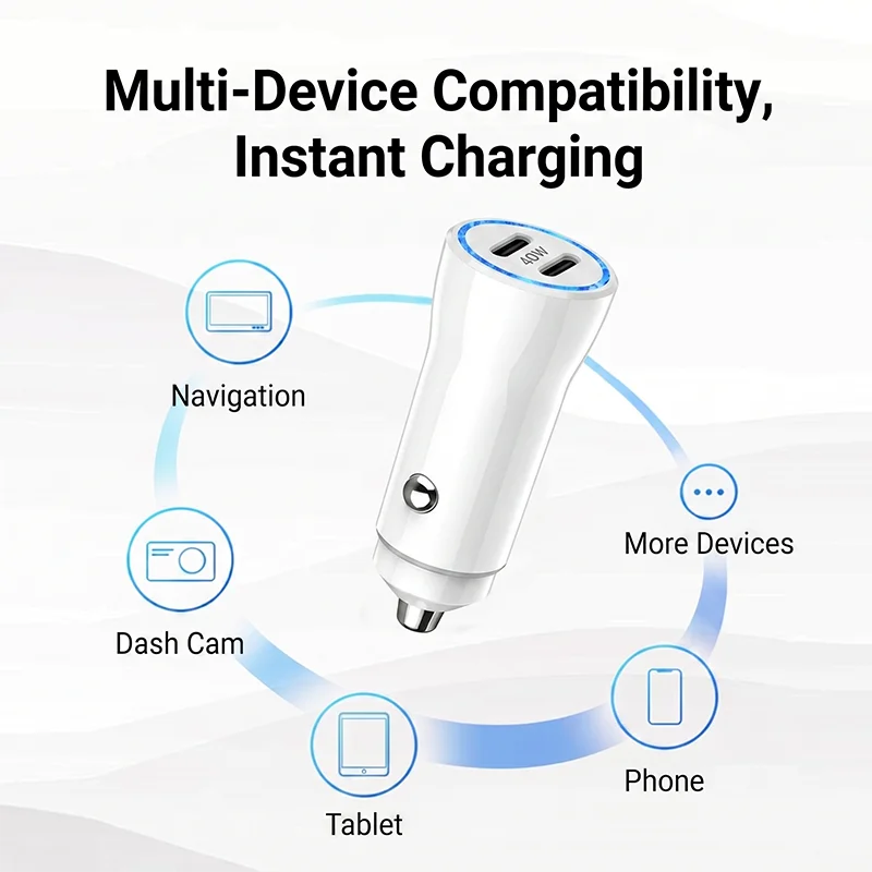 40W PD Car Charger Dual C Ports with Cool Blue LED Ring Ultra-compact Mini Car Phone Charger For Fast Multi-device Charging view 5