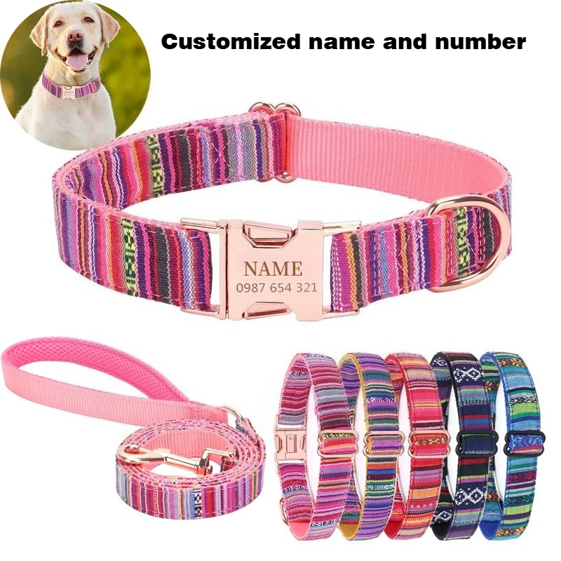 

Customized Name Number Dog Collar Bohemian Stripe Plaid Pet Traction Rope Ethnic Pet Collars with Buckle Dog Accessories
